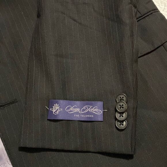 Sean john fine tailored mens 3 button blazer black pinstripe 44S sport coat wool - Picture 4 of 14